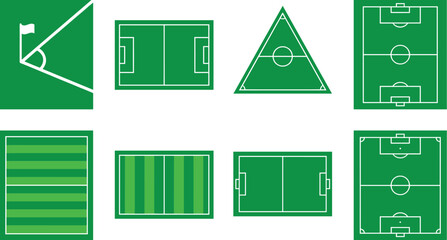 Collection of stylized soccer field diagrams with geometric layouts and creative pitch designs for sports illustration use © MDMUNTASSER