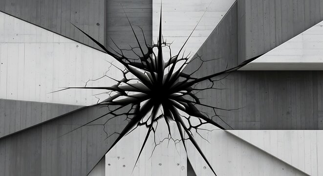 Abstract graphic explosion emanating from a concrete architectural structure, highlighting fragmentation and chaos within geometric design