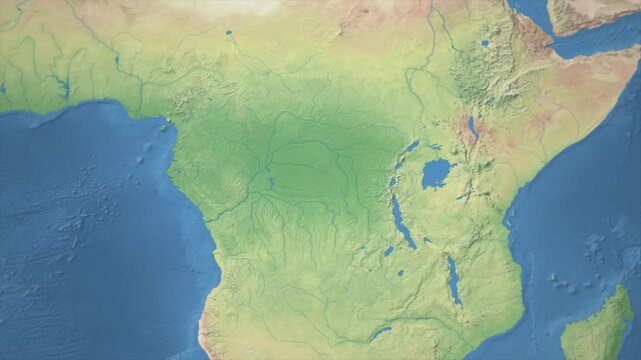Cinematic Zoom from World Map to Democratic Republic of Congo Terrain Map, Earth Navigation Animation