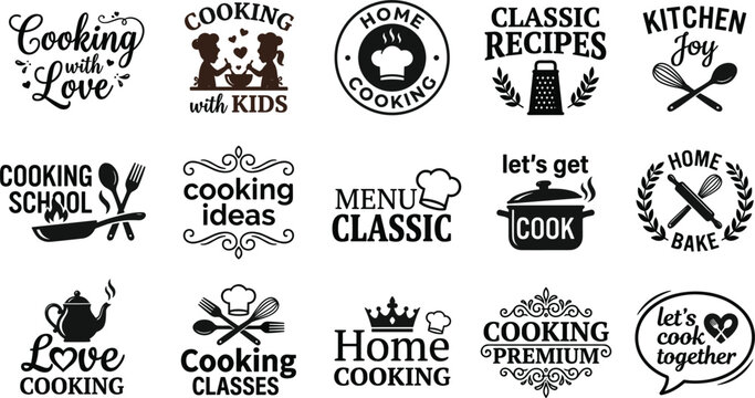 Cooking Typography Badge and Emblem Vector Bundle Featuring Culinary Utensils Chef Hats and Baking Quotes for Restaurant Branding and Kitchen Crafts