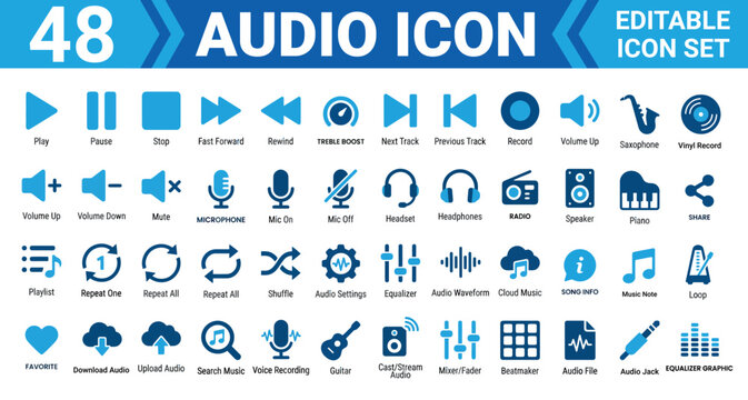 Solid audio icon set editable vector illustration mega pack