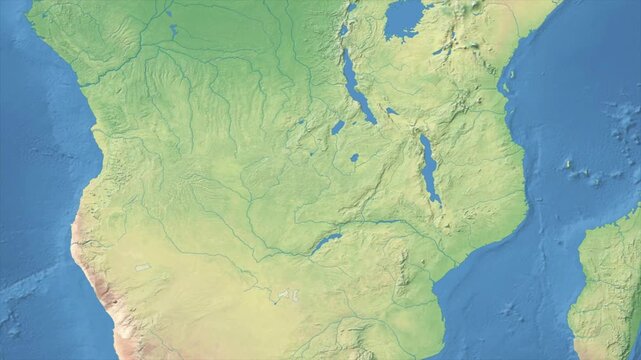 Cinematic Zoom from World Map to ZAMBIA Terrain Map, Earth Navigation Animation