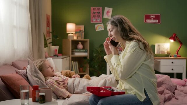 Woman with red medical box on her lap calling doctor sitting on bed next to sick gen alpha girl
