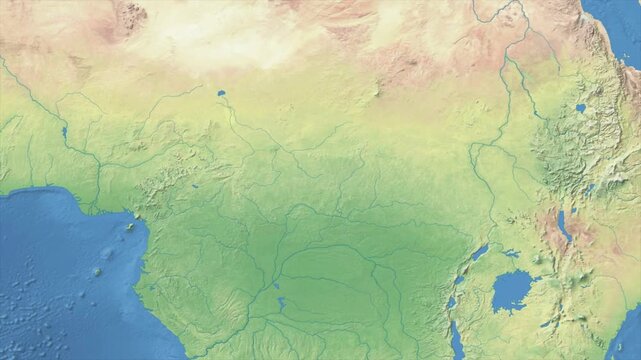 Cinematic Zoom from World Map to Central African Republic Terrain Map, Earth Navigation Animation