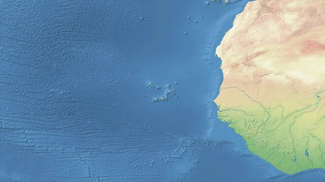 Cinematic Zoom from World Map to CAPE VERDE Terrain Map, Earth Navigation Animation
