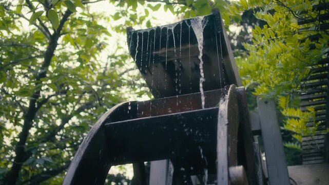 Rustic wooden water wheel turning under a gentle stream in a garden
