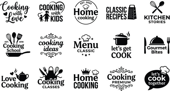 Cooking Typography Badge and Logo Vector Bundle Featuring Gourmet Restaurant Elements Kitchen Utensils Chef Hats and Food Quotes for Catering Labels