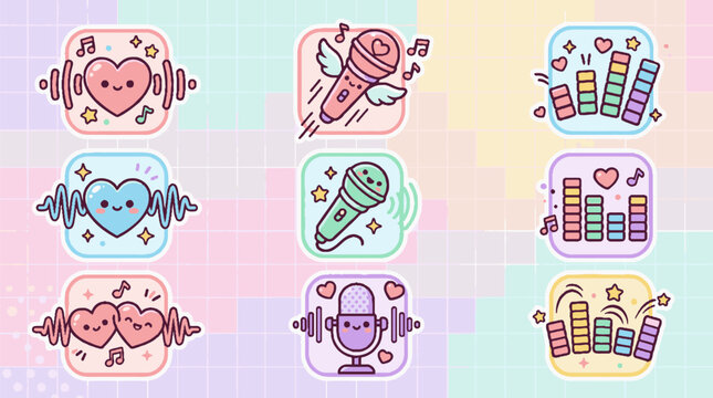 Set of cute cartoon music themed icons with hearts microphones and sound equalizers.