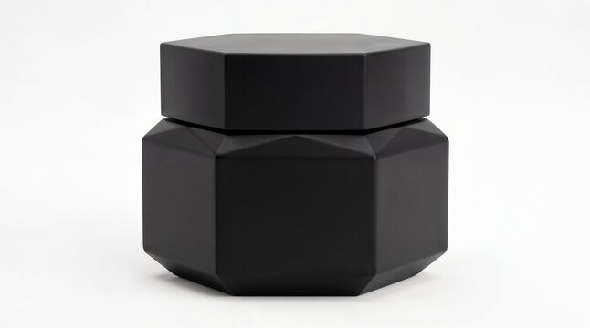 Matte black hexagonal cosmetic jar isolated on white background, premium skincare packaging mockup