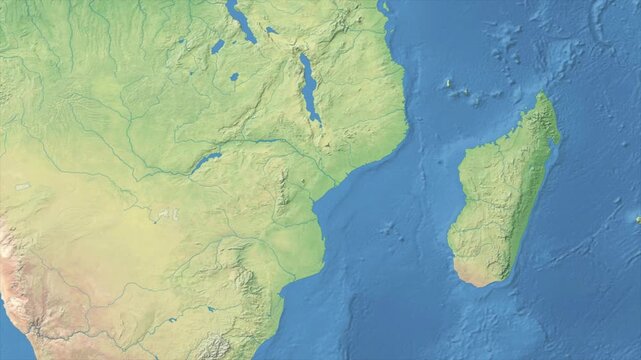 Cinematic Zoom from World Map to MOZAMBIQUE Terrain Map, Earth Navigation Animation