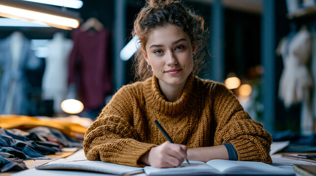 Fashion school student sketching on a large drafting table surrounded by fabric swatches, half-finished toiles pinned to walls, fluorescent studio light, open notebooks filled with proportion studie