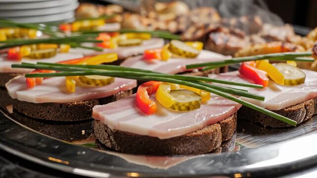 Close-up of Assorted Open-Faced Sandwiches with Ham, Pickles, Peppers, and Chives on Dark Rye Bread at a Buffet.