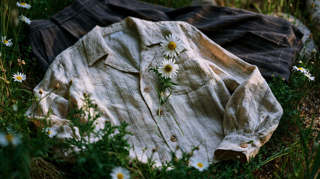 Open-collar linen shirt and wide-leg trousers laid flat on summer grass in gender neutral styling arrangement, wild daisy threaded through buttonhole, natural light overhead, perfect for unisex fash