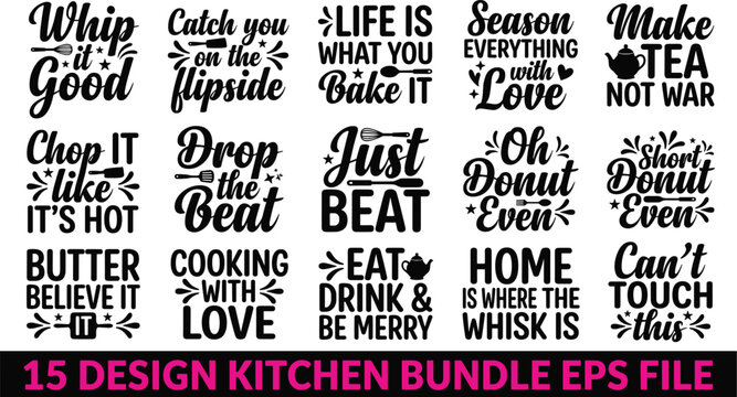 Kitchen Typography Quotes Vector Bundle with Funny Cooking Sayings and Baking Utensil Elements for Aprons Cutting Boards and Cricut Crafts