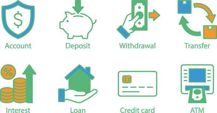 Banking and finance services icons: account deposit withdrawal transfer interest loan credit card atm with withdrawal transfer interest transaction investment financial commerce business