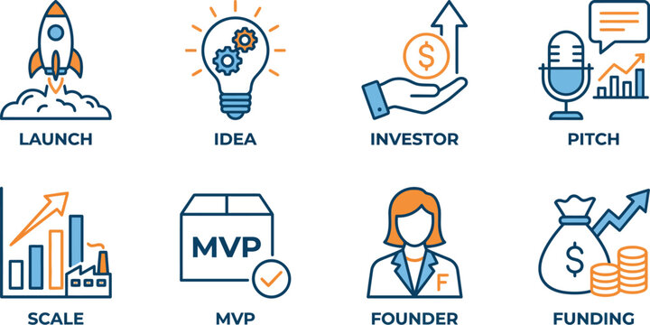 Startup business icons: launch idea investor pitch scale mvp founder funding with investor business entrepreneurship development illustration lightbulb microphone management strategy