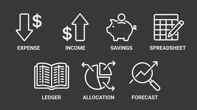 Financial management icons: expense income savings spreadsheet ledger allocation forecast with management spreadsheet allocation forecast financial business planning analysis investment