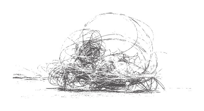 Chaotic tangle of dark gray scribbled lines white abstract chaos
