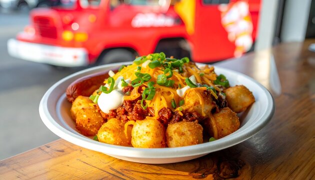Close-up of loaded tater tots with various toppings and a blurred red truck backdrop