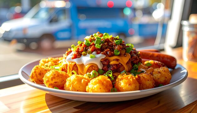 A plate of loaded tater tots with various toppings and a side of sausages