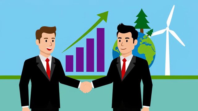 Two Businessmen Shaking Hands for Green Energy Partnership with Globe, Wind Turbine, and Tree on Blue Background Vector Illustration.