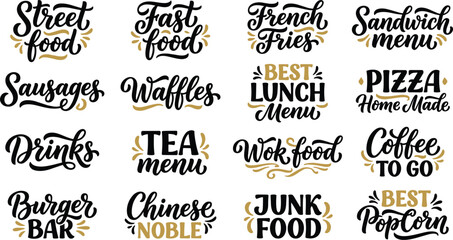 Obraz premium Street Food Typography Badge Vector Bundle Featuring Elegant Script Lettering and Gold Swirl Flourishes for Cafe Branding and Kitchen Crafts