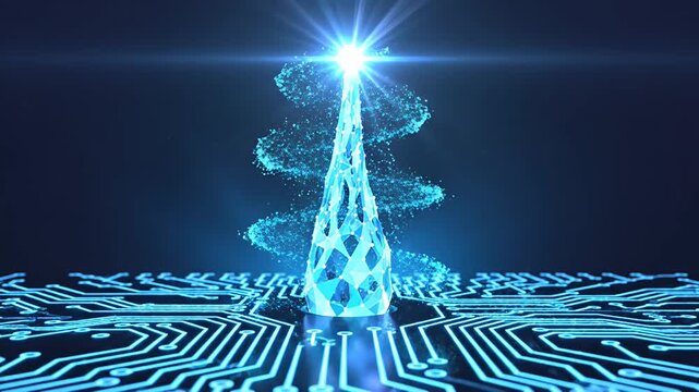 Abstract digital tree glowing above circuit board symbolizing technology