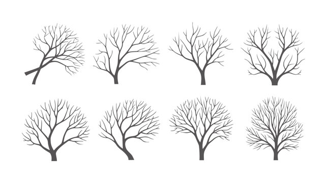 Collection of eight bare winter tree silhouettes in dark gray branches