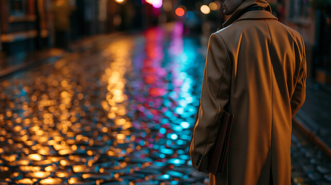 Rain-soaked cobblestone alley reflects neon glow as lone figure walks in bespoke camel overcoat carrying leather portfolio, tailored silhouette sharp against blurred wet light, perfect for men's sty