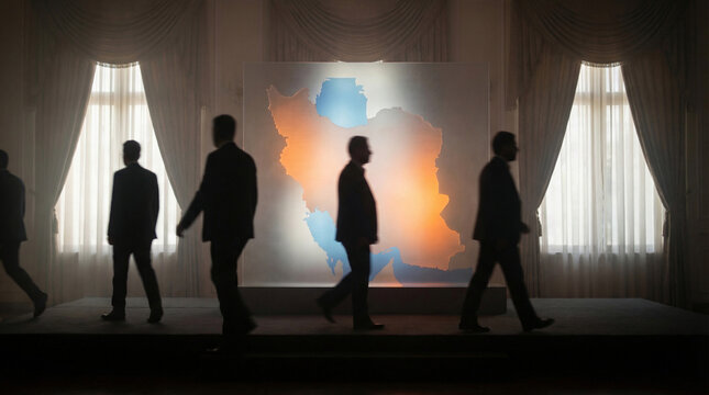 Silhouetted figures of men walking past a backdrop featuring a map of the Iran with soft lighting and elegant drapery in a formal indoor setting. Concept of peace agreements, diplomacy, space for text