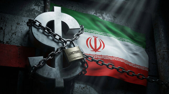 Dollar symbol locked with chain and padlock against Iranian flag background, representing economic sanctions and restrictions. Concept of geopolitical rivalry, resource control, Middle East conflict