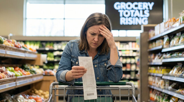 Woman examines grocery receipt with a concerned expression in a supermarket, shelves filled with fresh produce in the background. For inflation, financial crisis and cost of living content