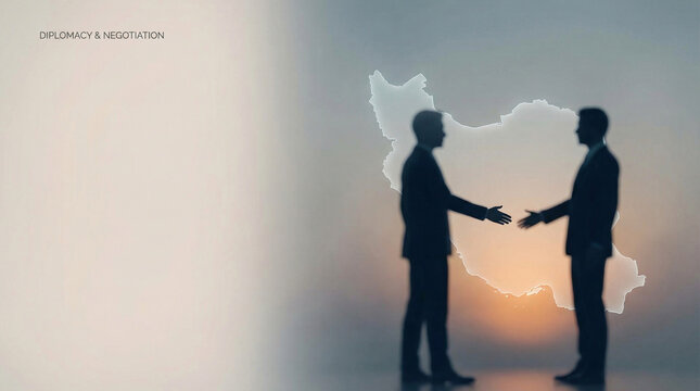 Silhouettes of two business professionals shaking hands against a blurred background with an outline of Iran, symbolizing negotiation in international relations. Concept of peace agreements, diplomacy