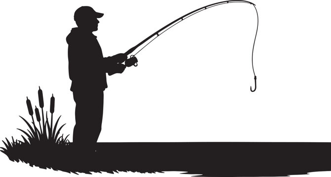 Silhouette of a person wearing a cap and jacket, fishing with a bent rod and hook against a white background, with cattails and grass on the left also transparent background