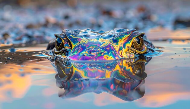 Close-up of frog's face with iridescent, colorful reflections in water. Focus on eyes