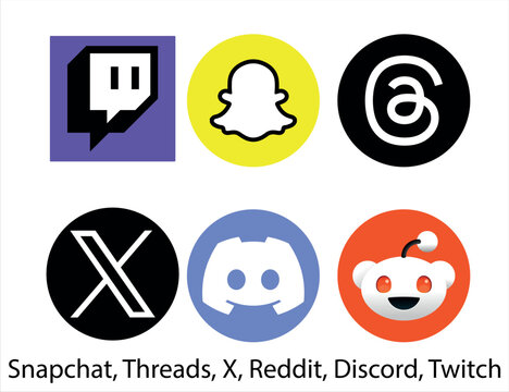 Social media and gaming community platform logos featuring Twitch, Snapchat, Threads, X, Discord, and Reddit. Vector communication symbols and circular badges for online forums, live broadcasting 