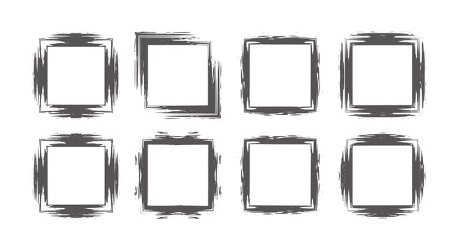 Eight dark grey square frames with rough brush stroke edges border grunge