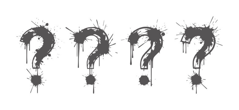Four dark gray question marks with ink splatters and drips symbol punctuation