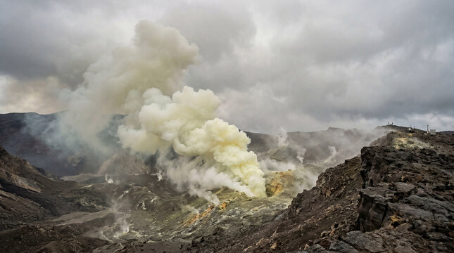 Volcanic vapors ascend dramatically from the rugged crater, a raw and powerful natural spectacle unfolding