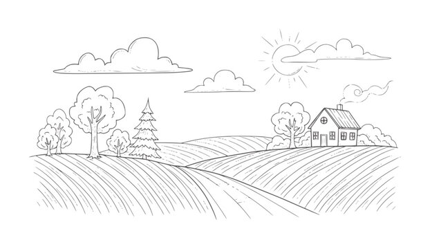 Hand drawn of a rural landscape with rolling fields and a small house