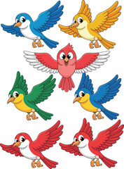 Obraz premium A cheerful collection of seven cartoon-style birds, vibrant and playfully arranged in various poses, perfect for delightful illustrations and engaging children's content