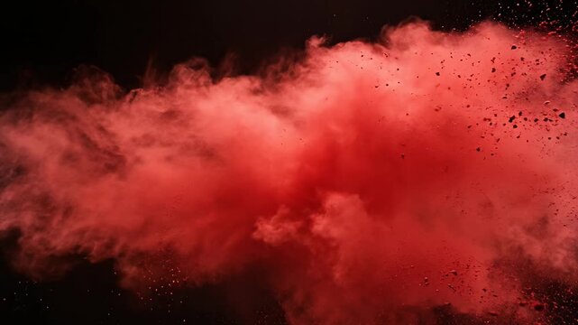 Exploding red powder cloud against a black backdrop with dynamic motion