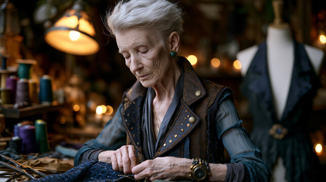 Elderly seamstress in cluttered atelier pins a deconstructed jacket on a dress form, warm lamplight catching thread spools and worn shears, decades of craft visible in every detail, perfect for fash
