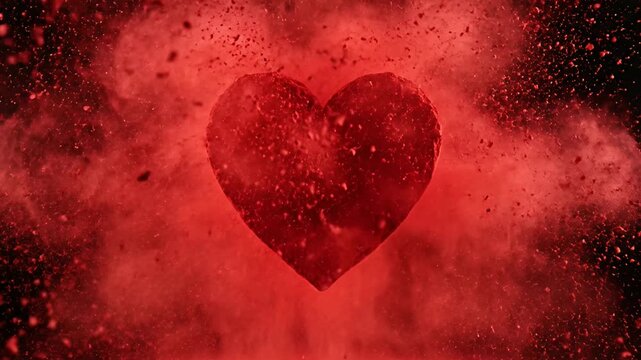 Red powder heart shape explosion on black background