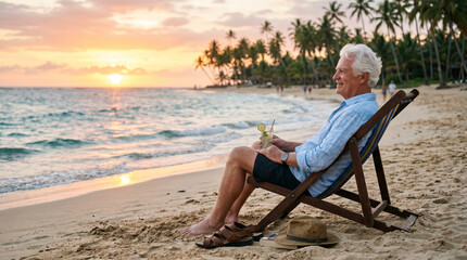 Fototapeta premium Golden Years: Happy Retired Elderly Man Enjoying a Peaceful Day at the Beach