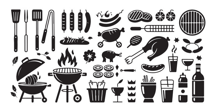 Barbecue icons set with grill tools food and drinks for outdoor summer party collection vector.