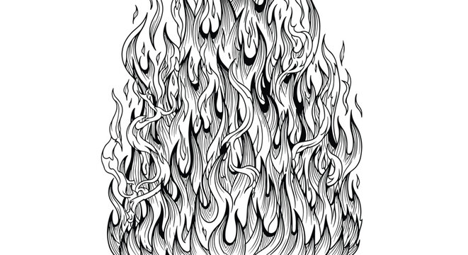 Engraving style illustration of intense fire flames with intricate lines and details creating a sense of heat and energy.
