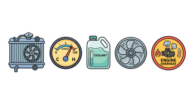 Car engine cooling system components and overheating warning icons are depicted in a vibrant, detailed illustration, representing automotive maintenance.