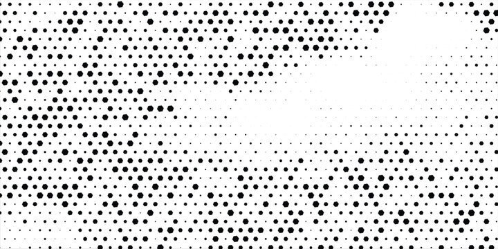 Hexagon corner halftone gradient texture. Diagonal black grunge hex gradation background. Geometric retro tech wallpaper. Fading hexagonal pattern backdrop. Vector honeycomb grunge overlay