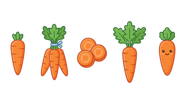 Cartoon carrots in various forms including whole, bunched, sliced, and a cute smiling character, illustrating healthy vegetable options.